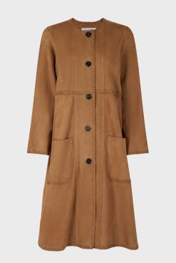 Gerard Darel Manteau Long En Cuir Velours Camel - John | Cuirs & Peaux