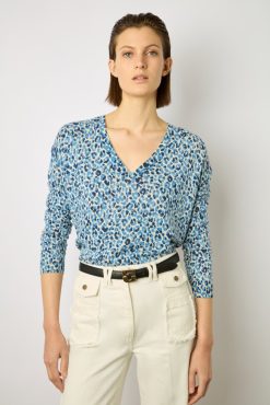 Gerard Darel Pull V Leopard Lin Coton Indigo - Lauralie | Maille