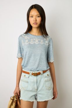 Gerard Darel Tshirt En Lin A Broderie Bleu Ciel - Manika | Tops & Sweats