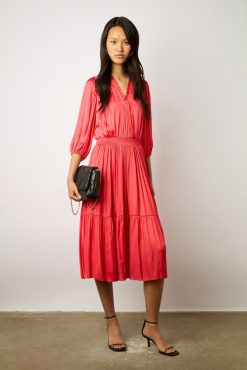 Gerard Darel Robe Midi En Satin A Volants Corail - Endy | Robes