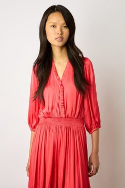 Gerard Darel Robe Midi En Satin A Volants Corail - Endy | Robes