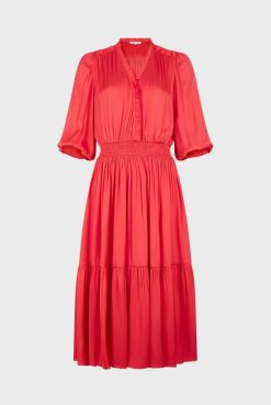 Gerard Darel Robe Midi En Satin A Volants Corail - Endy | Robes