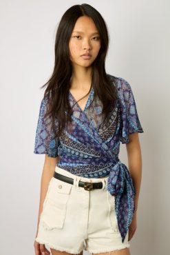 Gerard Darel Blouse Cache-Coeur A Clous Indigo - Aritia | Chemises & Blouses